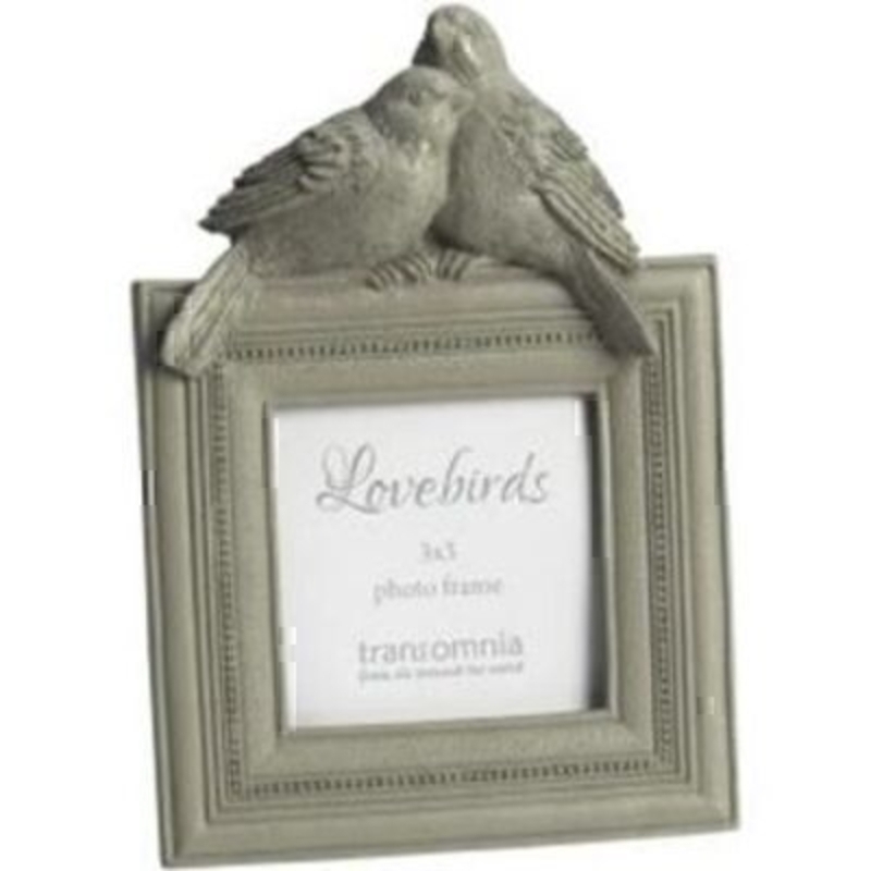 Love Birds Photo Frame by Transomnia. Moulded resin picture frame in vintage greeny grey with two birds sitting on the top. Holds Photos size 8x8cm Size 16.5x11.5x2cm